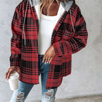 Plaid Print Button Front Pocket Design Drawstring Hoodie Jacket Casual Asymmetrical Hem Thermal Lined Warm Coat