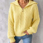 Women's Half Zip Cable Knit Sweater Lapel Long Sleeve Loose Pullover with Thumb Holes