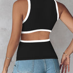 Women's Ribbed Contrast Trim Tank Top Sleeveless Crew Neck Cutout Slim Fit Stretch Casual Top