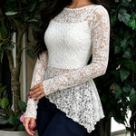 Women's 2 Piece Outfit Sheer Floral Lace Asymmetrical Hem Long Sleeve Top with Cami Top