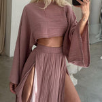 Chic slit cotton and linen casual two-piece set