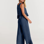 Nadorine 2 Piece Outfits Sleeveless Ruffle Tank Crop Top and Wide Leg Pants Lounge Set with Pockets