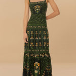Tropical Look Linen Blend Floral Print Square Neck Back Smocked Midi Dress