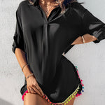Turn-down Collar Roll Up Sleeve Tassel Hem Pompom Side Slit Straight Dress Casaul Dress