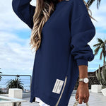 Letter Patch Detail Long Sleeve Drop Shoulder Pullover Sweatshirt Casual Zipper Side Slit Top