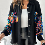 Contrast Sequin Long Sleeve Jacket Top Button Front Raw Hem Loose Fit Shacket