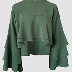 Round Neck Bell Sleeve Crop Top Casual Loose Fit Layered Blouse