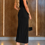 Women's V-Neck Sleeveless Ruched Front Slit Maxi Evening Dress