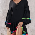 Colorblock V-Neck Bell Sleeve A Line Tassel Mini Dress Vacation Dress