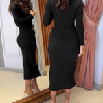 Metal Ring Decor Wrapped Slit Ribbed Commuting Dress Cinched Waist Slim Fit Mid-Length Dress