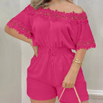 Women's Lace Off Shoulder Romper Shirred Waist Tied Detail Textured Short Jumpsuit with Pockets