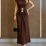 Women's Boat Neck Ruched Maxi Dress Gold Buckle Cap Sleeve Formal Evening Gown