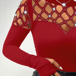 Rhinestone Hollow Out Cold Shoulder Long Sleeve Top Casual Tee