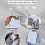 Women's Sequin Patchwork Denim Jacket Raw Hem Button Down Coat Long Sleeve Shacket with Pockets