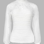 Pearls Decor Mock Neck Sheer Mesh Spliced Ruched Tee Hollow-out Back Slim Fit Textured Top