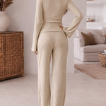 Women's 2 Piece Ribbed Knit Lounge Set Boat Neck Flare Sleeve Ruched Top and Wide Leg Pants Set
