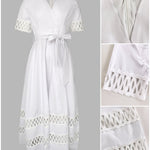 Overlap Deep V-Neck Hollow-out Spliced High Waist Maxi Dress Casual Zipper Back Tie Waist Vacation Dress