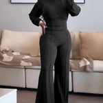 2 Pieces Outfit O-neck Long Sleeve Cinched Waist Sweatshirt and Elastic Waist Wide Leg Pants Set Casual Seam Design Sweatpants Set