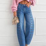 Women's Barrel Jeans High Waisted Side Button Denim Pants Distressed Washed Baggy Trousers Retro Y2K Streetwear