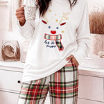 Women's Pajama Set Christmas Reindeer Print Crew Neck Long Sleeve Top and Plaid Wide Leg Pants