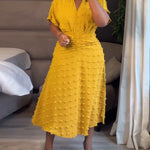 3D Decor Overlap V Neck Short Sleeve Cinched Waist Mid-length Dress Casual Ruched Waist Zipper Back Vacation Dress
