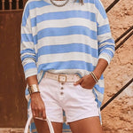 Women's Striped T Shirt Long Sleeve Drop Shoulder Crewneck Tee Side Slit Casual Loose Fit Top