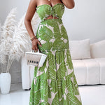 Tropical Print Halter Tie Shirred Frill Trim Cinched Waist Vacation Dress Ruched Cutout Front Slim Fit Ruffle Hem Mermaid Dress