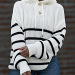 Women's Striped Henley Drawstring Hooded Sweater Loose Fit Lantern Sleeve Knit Pullover