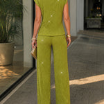 Women's Rhinestone Textured 2 Piece Outfits Mock Neck Cap Sleeve Ruched Top and Wide Leg Pants Set Casual Work Suit