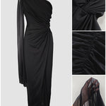 One Shoulder Asymmetrical Mesh Cloak Sleeve Ruched Twist Waist Evening Dress Waist Gathered Slit Party Dress