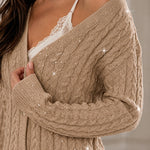 Women's Sequin Cable Knit Cardigan V Neck Button Down Slim Fit Long Sleeve Sweater
