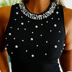 Women's Pearls Slim Fit Tank Top Sleeveless O-neck Ribbed Knit Tee