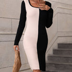Long Sleeve Side Slit Color Block Patchwork Sweater Dress
