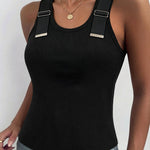 Women's Ribbed Knit Tank Top Adjustable Buckle Strap Side Ruched Knit Top Curved Hem Slim Fit Vest