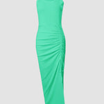 Side Slit Drawstring Ruched Bodycon Casual Sun Maxi Dresses Sleeveless Ribbed Tank Dress