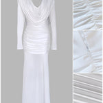 Cowl Neck Ruched Zipper Back Slim Fit Maxi Dress Casual Padded Shoulders Backless Evening Dress