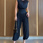 Padded Shoulders Sleeveless Cinched Waist Side High Slit Overalls Casual Hollow-out Back Ruched Jumpsuit