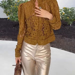 Palace Style Crochet Flower Lace Stand Neck Button Puff Sleeve Jacket
