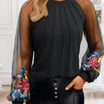 Floral Embroidery Round Neck Lantern Sleeve Blouse Sexy Sheer Mesh Patch Ruched Top
