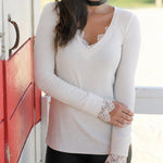 Women's Ribbed Knit Top French V Neck Lace Trim Long Sleeve Shirt Slim Fit Elastic Blouse