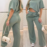 2 Pieces Outfit O-neck Short Sleeve Side Slit Top and Casual Drawstring Elastic Waist Seam Front Wide Leg Pants Set