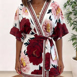 Women's Bohemian Floral Print V-Neck Romper Batwing Sleeve Wrap Knot Side High Waist Short Jumpsuit