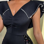 Embellished Ruffle Neckline Sequin Patchwork Mini Dress Ruched Bodycon Party Dress