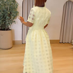 Women's Sheer Plaid Maxi Dress Short Sleeve Double Layer Swing Vacation Dress Elegant Flowy A Line Dress with Belt