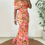 Women's Foldover Off Shoulder Mermaid Dress Ruched Bodycon Leopard Floral Maxi Dress Sexy Tropical Vacation Dress