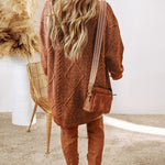 Round Neck Long Sleeve Drop Shoulder Pullover Sweater Casual Loose Fit Cable Knit Mid Length Sweater