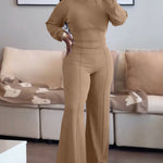 2 Pieces Outfit O-neck Long Sleeve Cinched Waist Sweatshirt and Elastic Waist Wide Leg Pants Set Casual Seam Design Sweatpants Set