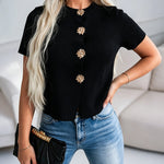 Women's Rib-Knit Short Sleeve Cardigan Gold Flower Button Round Neck Sweater Casual Top