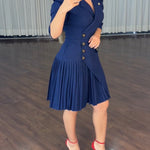 Women's Notch Lapel Blazer Dress Puff Sleeve Side Button Asymmetrical Pleated Hem A Line Work Dress