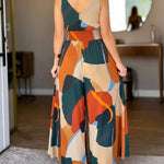 Abstract Print V-Neck Stretchy Thick Straps High Waist Backless Overalls Casual Shirred Waist Cinched Waist Wide Leg Jumpsuit
